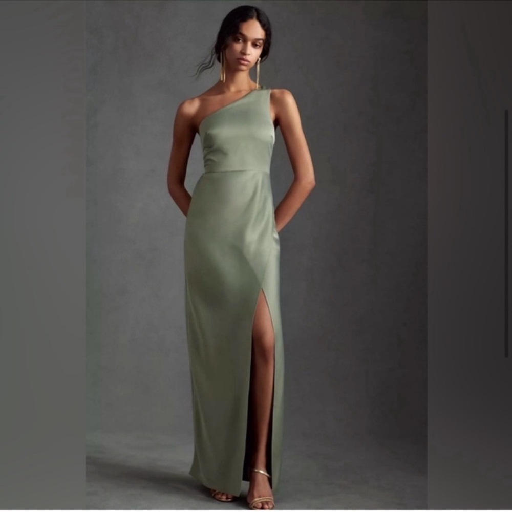 BHLDN Anthropologie Dylan One Shoulder Satin Side Slit Gown Green NEW Size 6